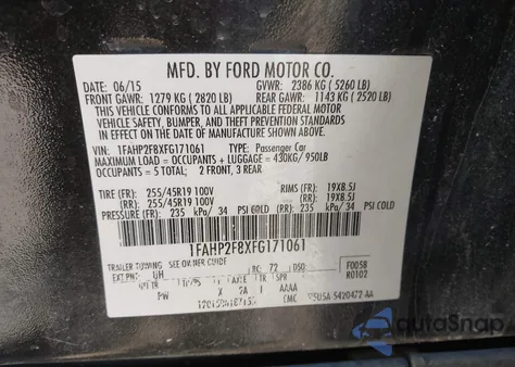 2015 Ford Taurus Limited z USA, uszkodzony, nr VIN 1FAHP2F8XFG171061